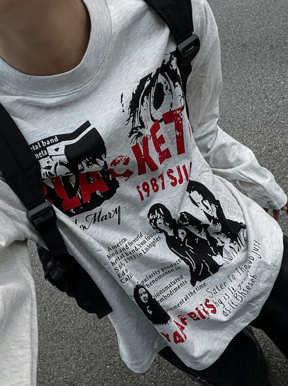 Metal printing long-sleeved loose fit T-shirt