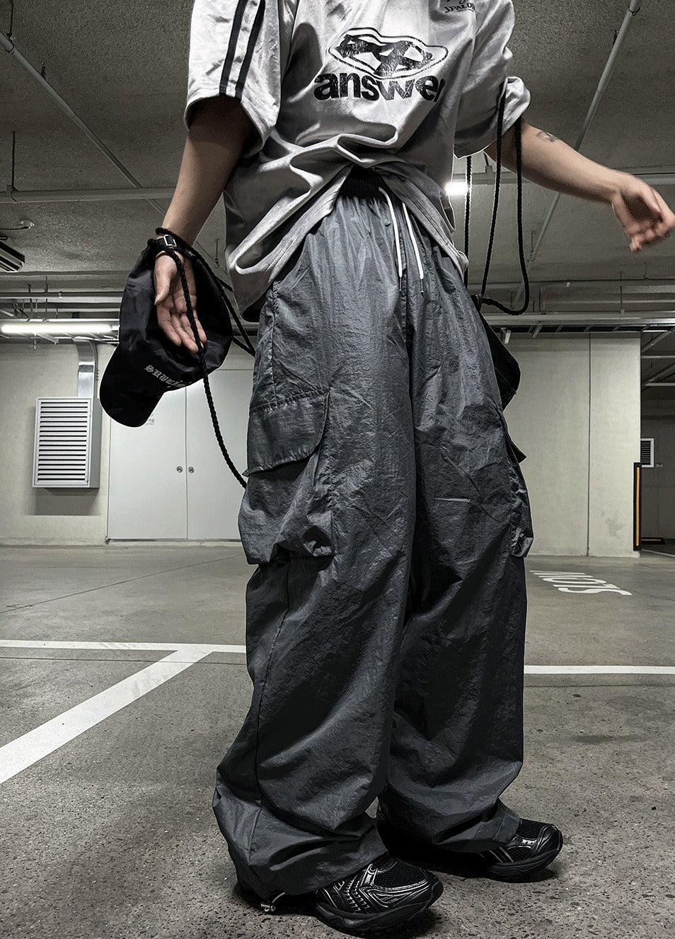 Glossy Wide Gorpcore Nylon Jogger Pants