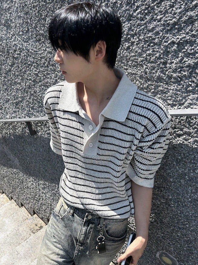 lewen stripe collar short-sleeved knit