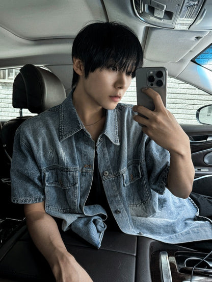 jacquard short-sleeved denim jacket