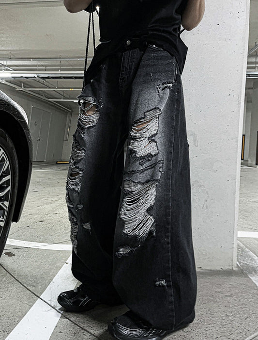 denim destroyed pants