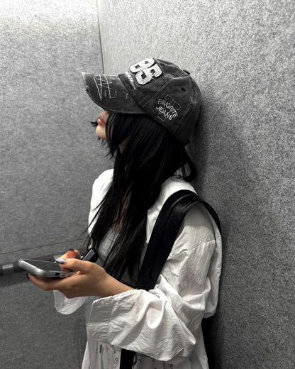 Washed Black Denim Distressed Baseball Cap
