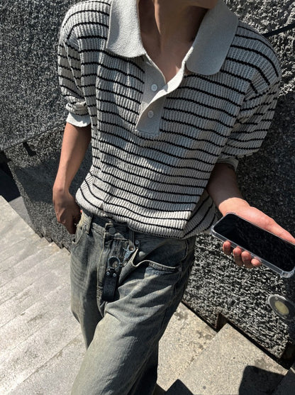 lewen stripe collar short-sleeved knit