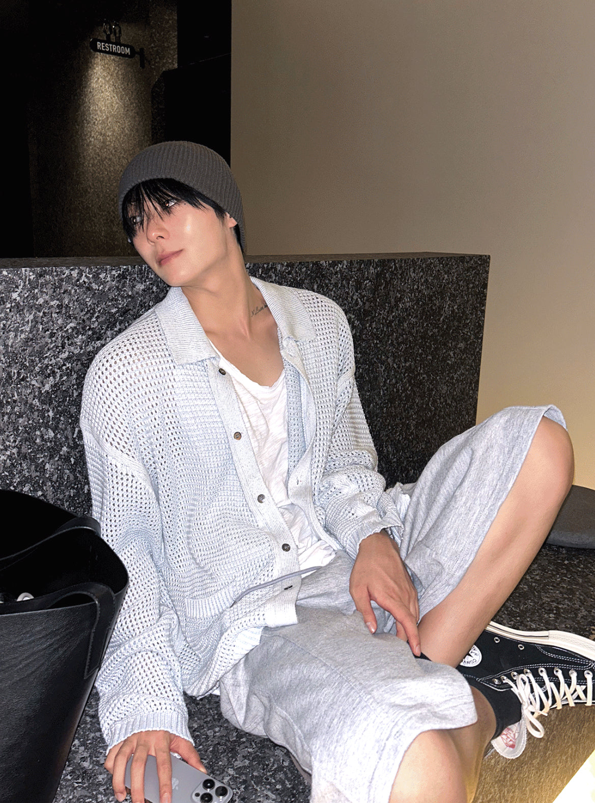 Linen Waffle Two-Tone Knit Cardigan