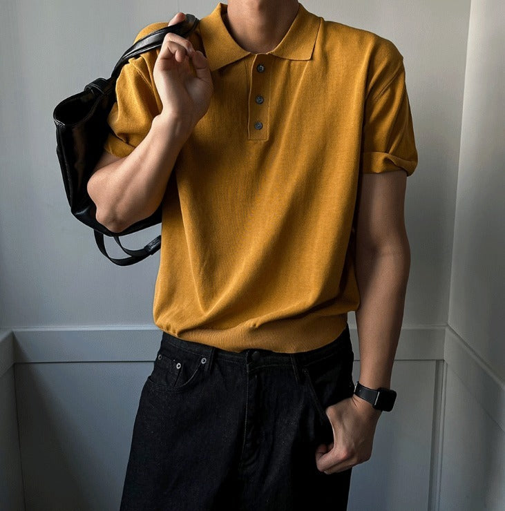 Three-Button Collar Short Sleeve Knit