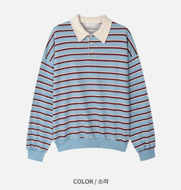 Sweat collar striped sweatshirt