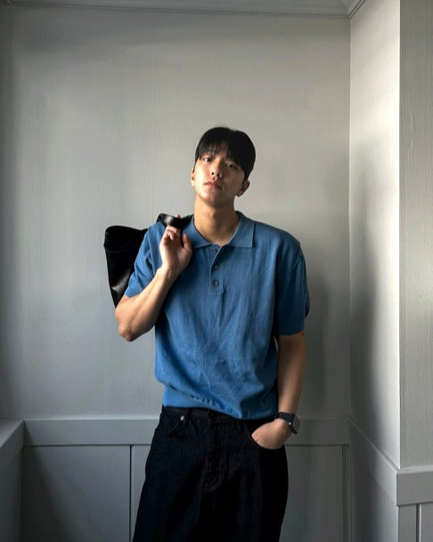 Three-Button Collar Short Sleeve Knit