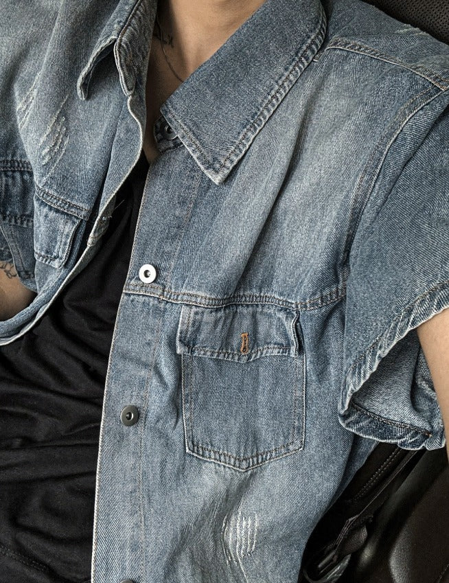 jacquard short-sleeved denim jacket