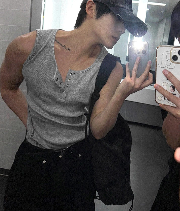 Henley Neck Side Track Muscle Fit Sleeveless