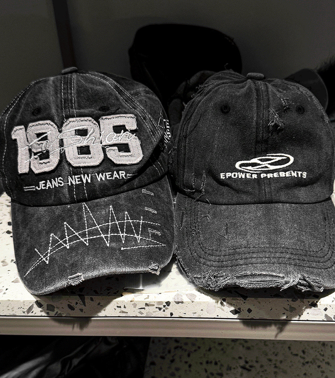 Washed Black Denim Distressed Baseball Cap