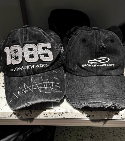 Washed Black Denim Distressed Baseball Cap