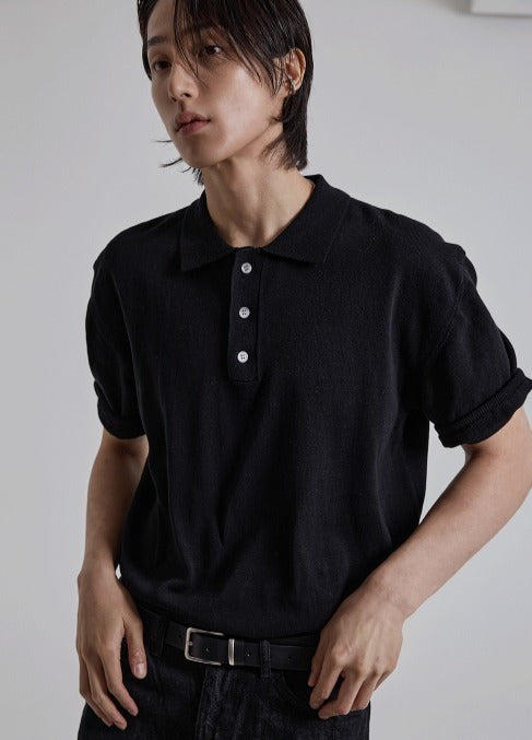 Three-Button Collar Short Sleeve Knit