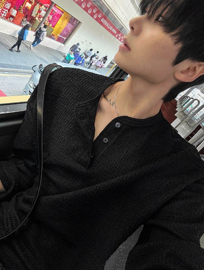 Tweed Henry Neck Long-Sleeved T-Shirt