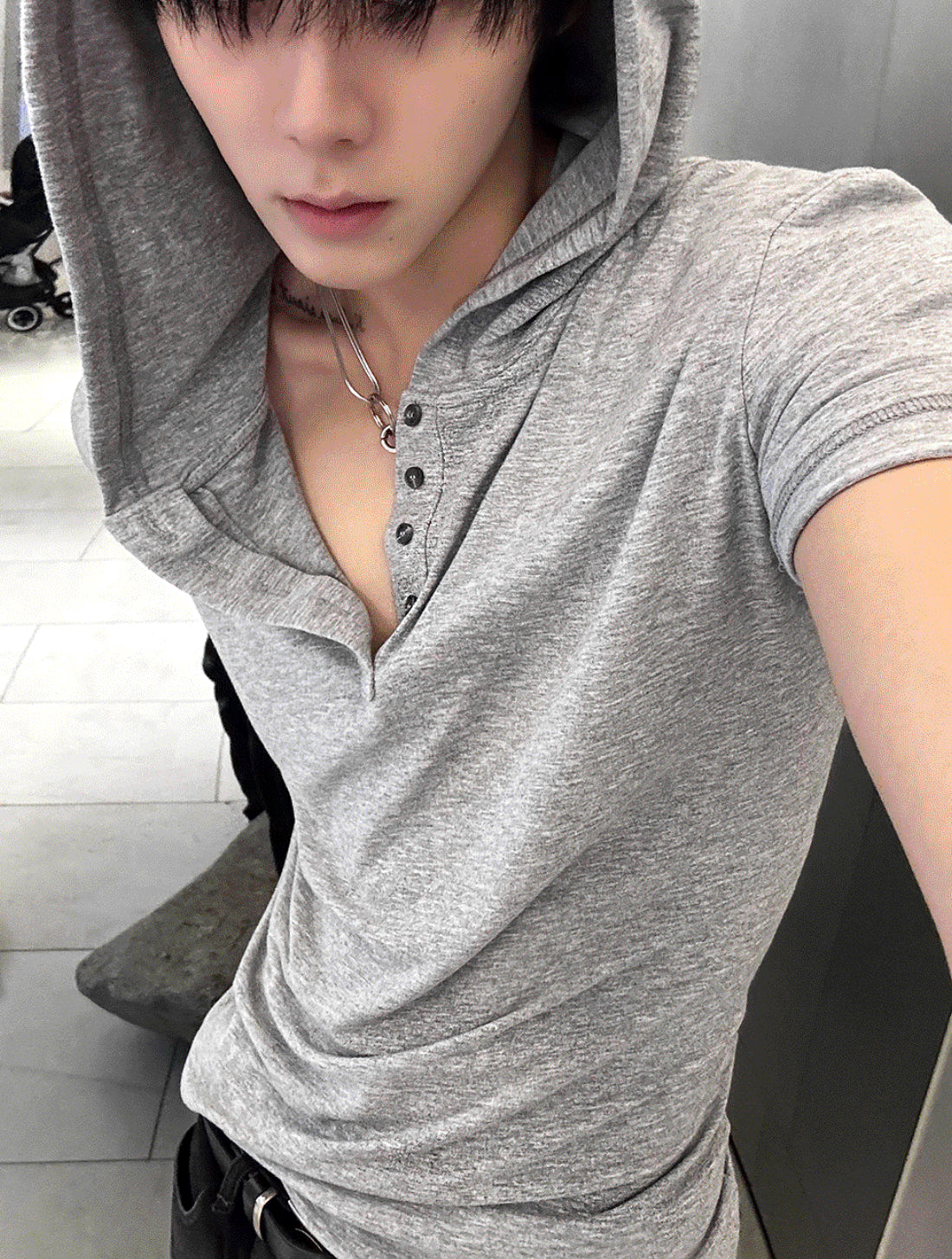 Henley Neck Short-Sleeve Hoodie
