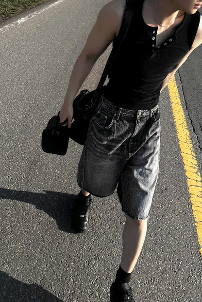 Black Washed Denim Bermuda Shorts Pants