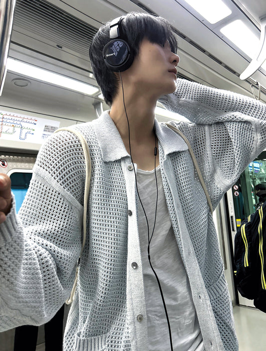 Linen Waffle Two-Tone Knit Cardigan