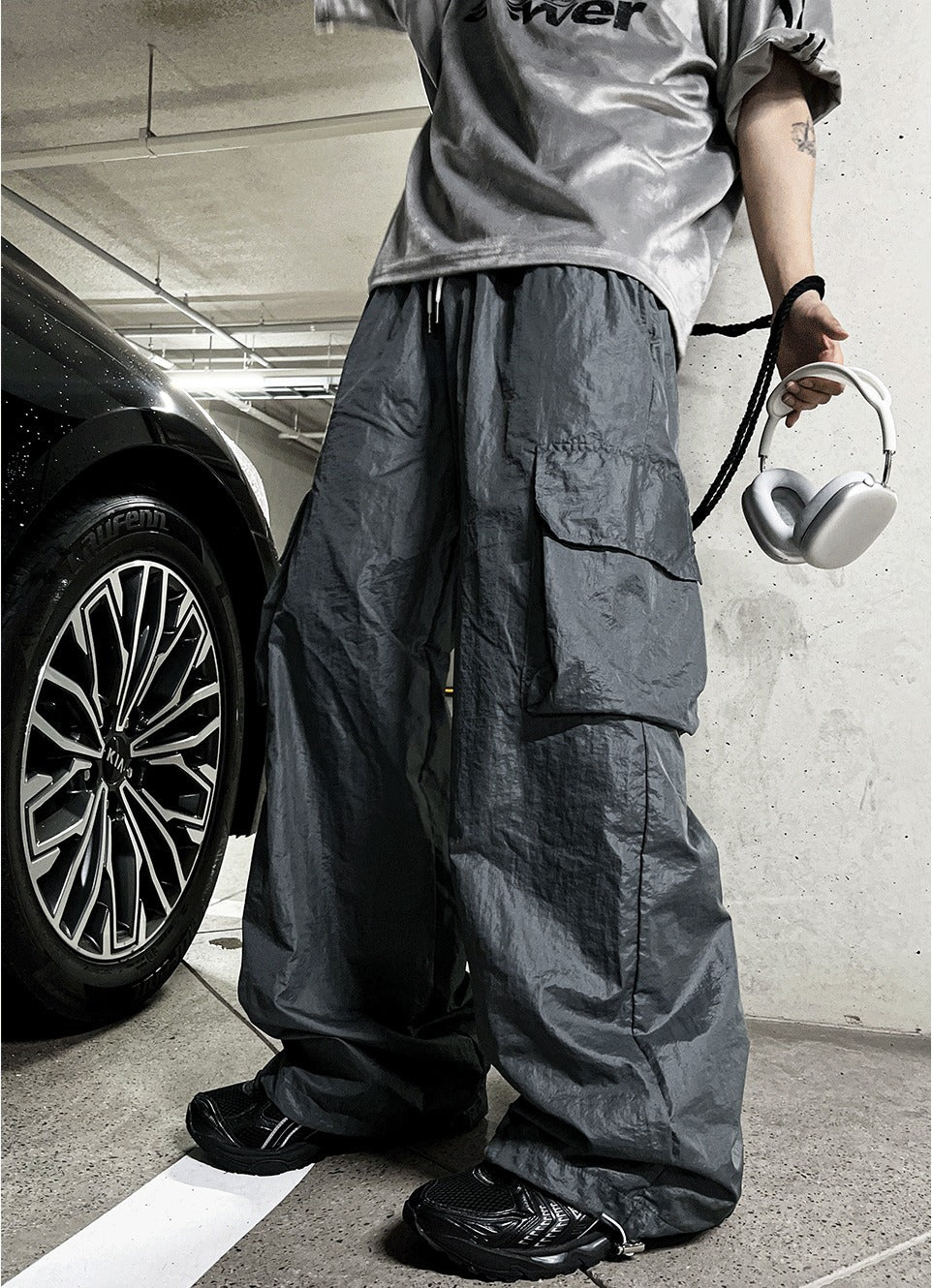 Glossy Wide Gorpcore Nylon Jogger Pants
