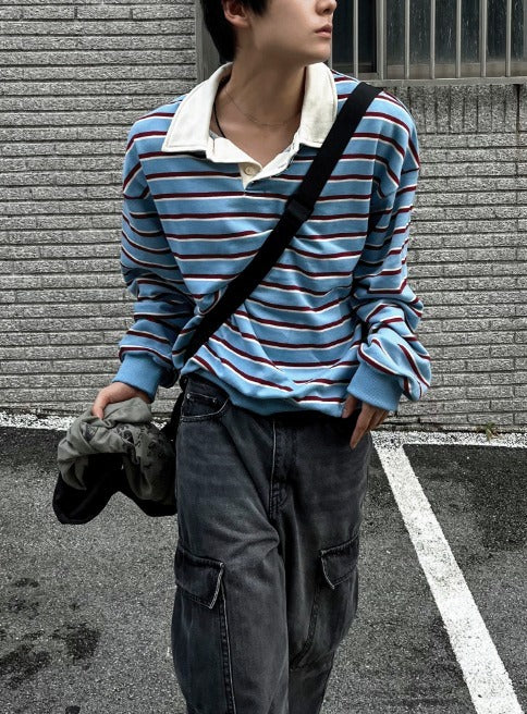 Sweat collar striped sweatshirt