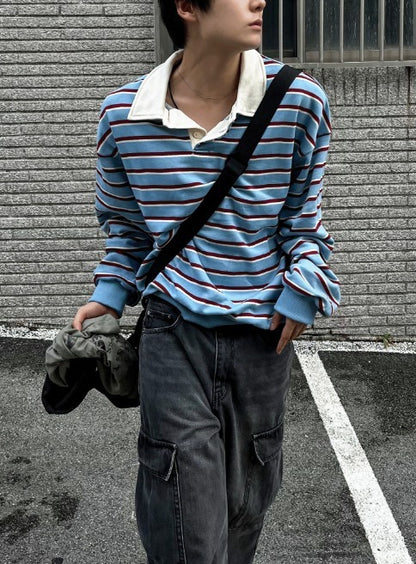 Sweat collar striped sweatshirt
