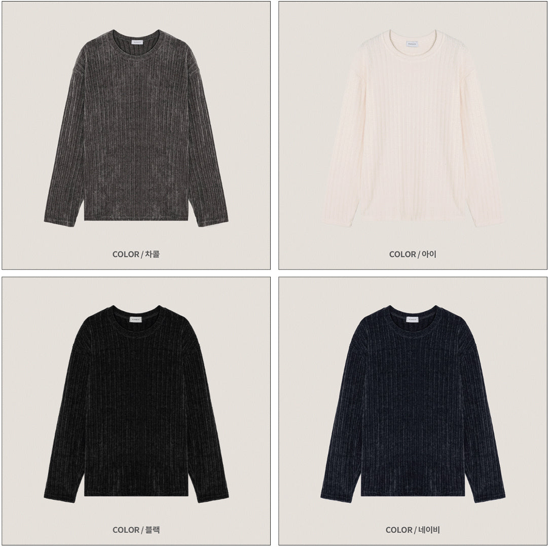 Velour Ribbed Round Neck Long Sleeve Knit Tee