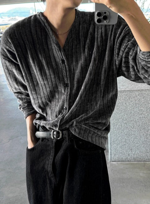 Velour Ribbed V-Neck Cardigan 4color