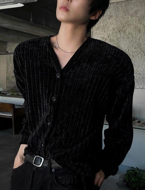 Velour Ribbed V-Neck Cardigan 4color