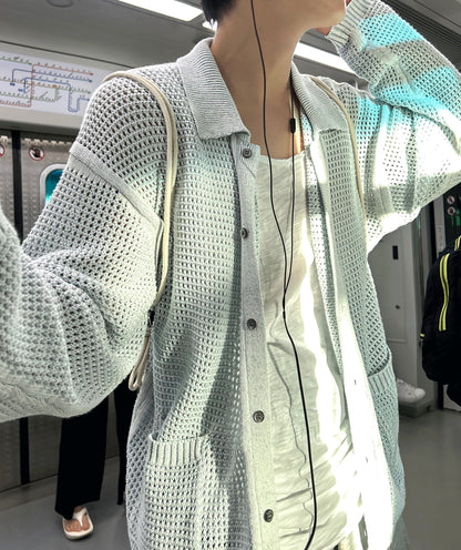 Linen Waffle Two-Tone Knit Cardigan