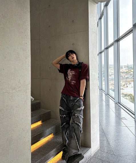 torando cut-off wide denim pants