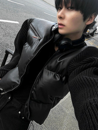 Deep Black Knit Leather Padding