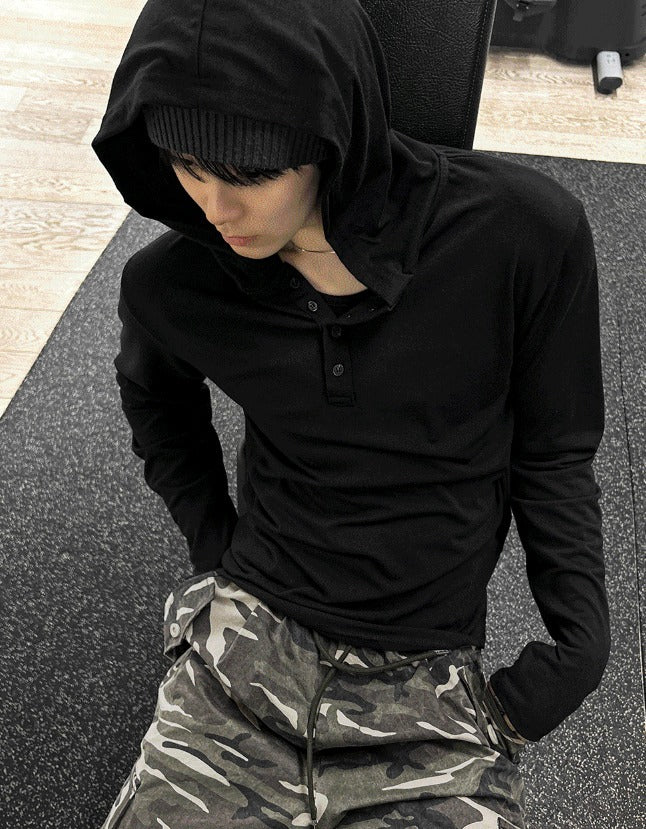 Henley Neck Hood Long-sleeve