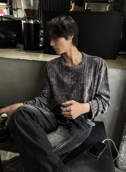 Velour Ribbed Round Neck Long Sleeve Knit Tee