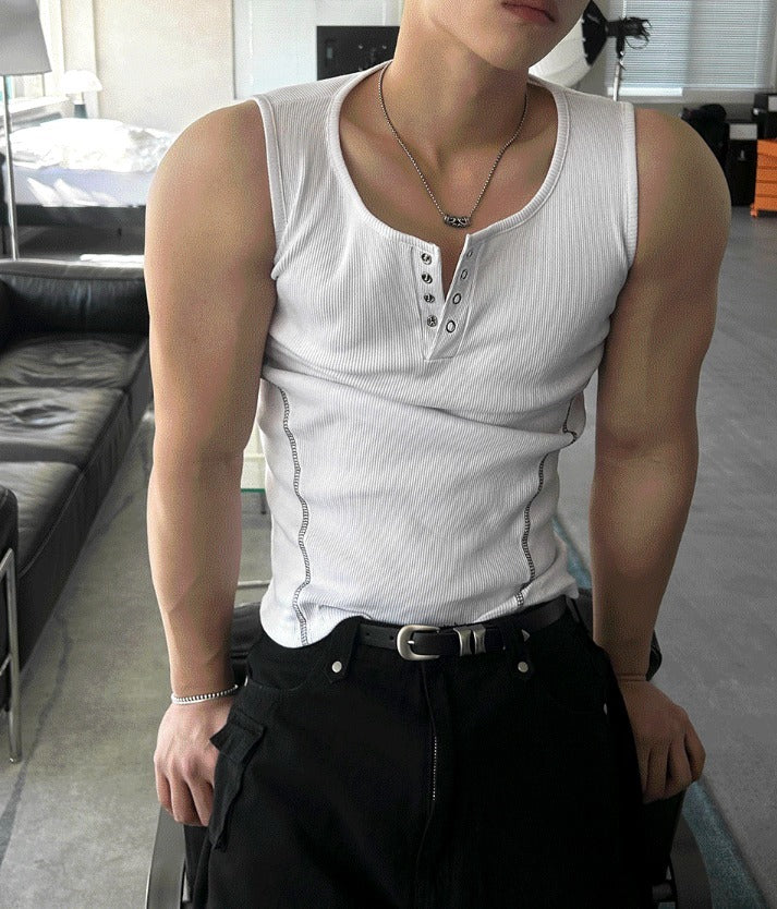 Henley Neck Side Track Muscle Fit Sleeveless