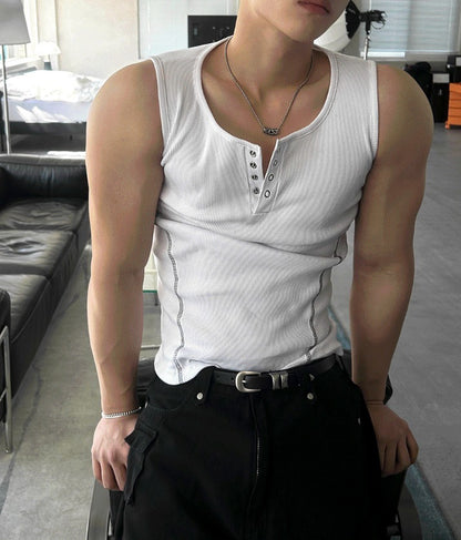 Henley Neck Side Track Muscle Fit Sleeveless