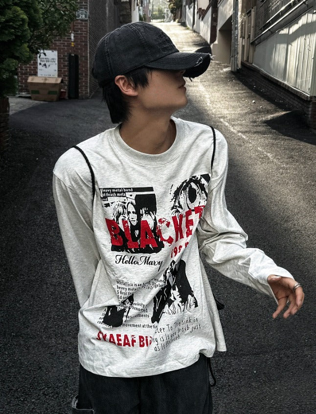 Metal printing long-sleeved loose fit T-shirt