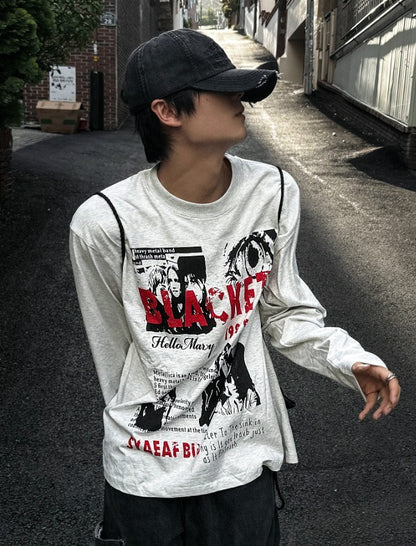 Metal printing long-sleeved loose fit T-shirt