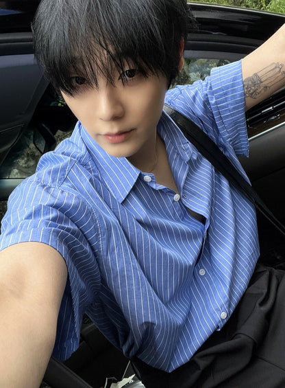 vintage blue stripe short-sleeved shirt