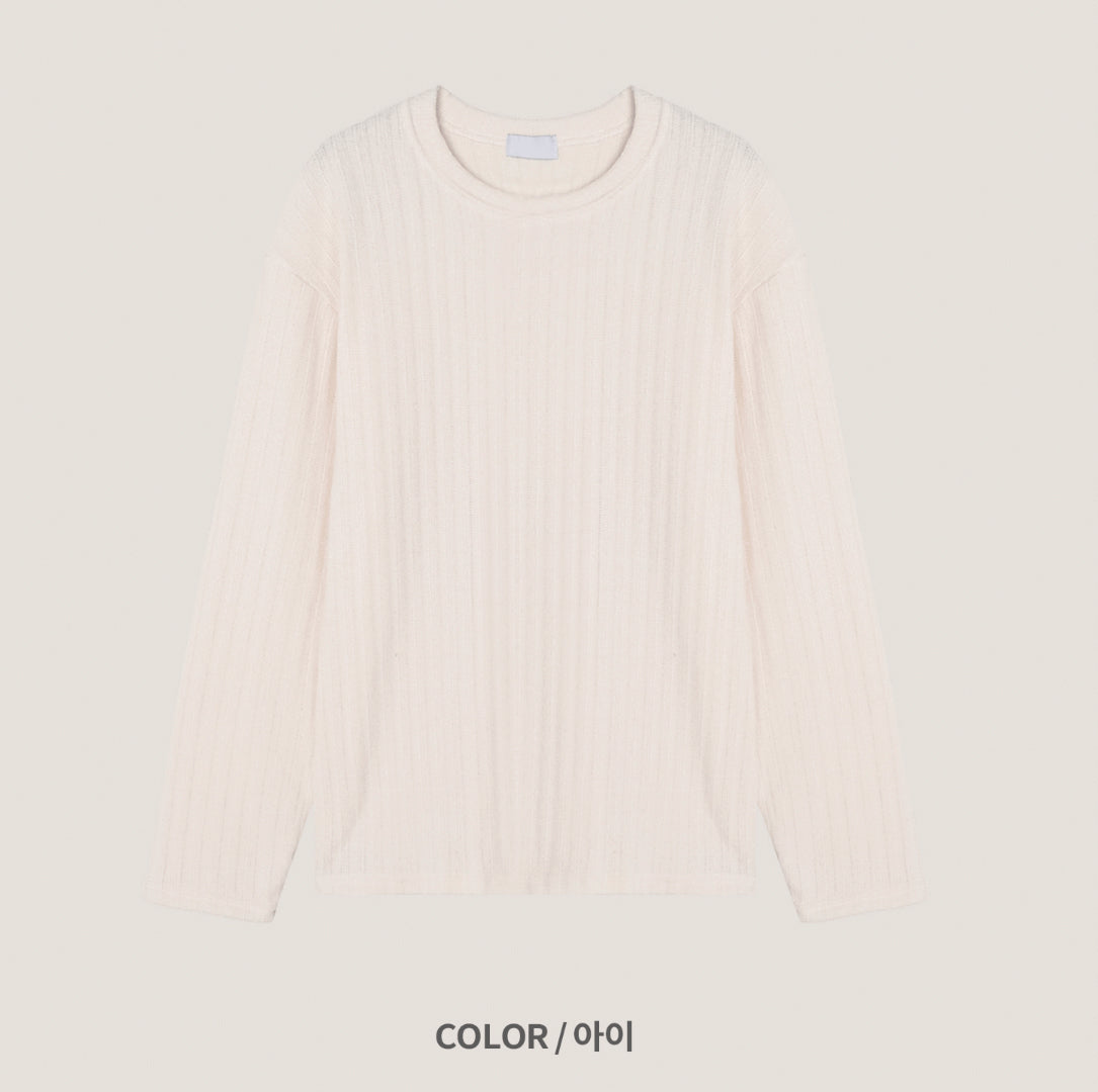 Velour Ribbed Round Neck Long Sleeve Knit Tee
