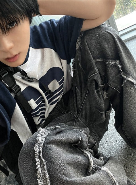 torando cut-off wide denim pants