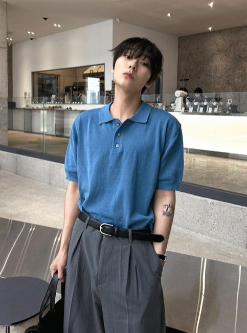 Three-Button Collar Short Sleeve Knit