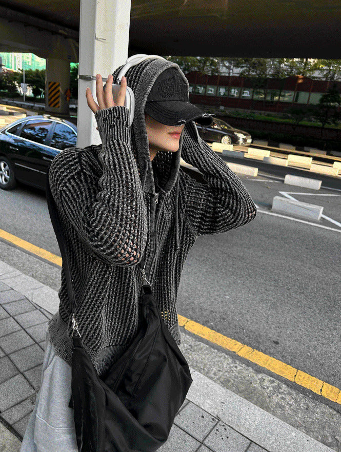 Dying Damage Mesh Hooded Zip-Up