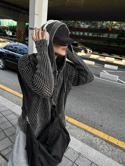 Dying Damage Mesh Hooded Zip-Up
