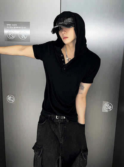 Henley Neck Short-Sleeve Hoodie