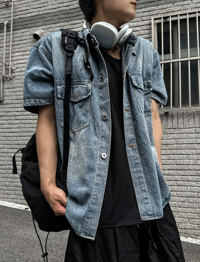 jacquard short-sleeved denim jacket