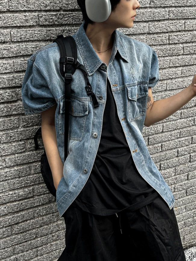 jacquard short-sleeved denim jacket