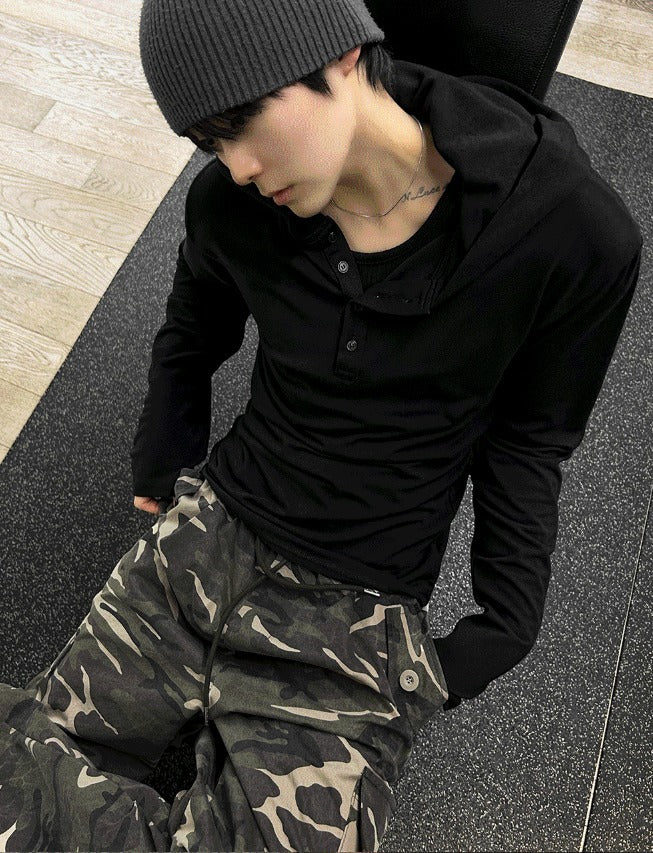 Henley Neck Hood Long-sleeve