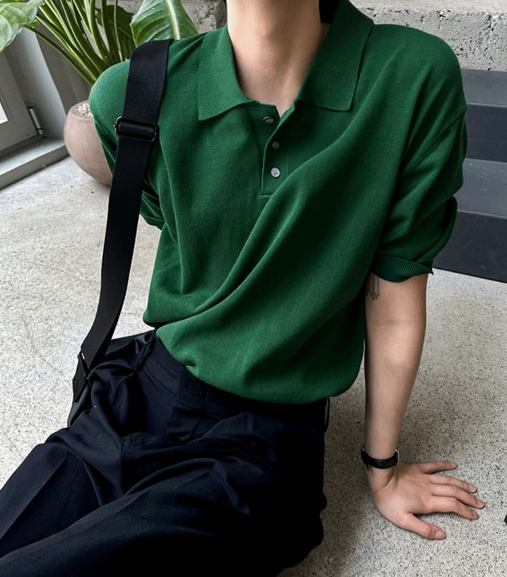 Three-Button Collar Short Sleeve Knit