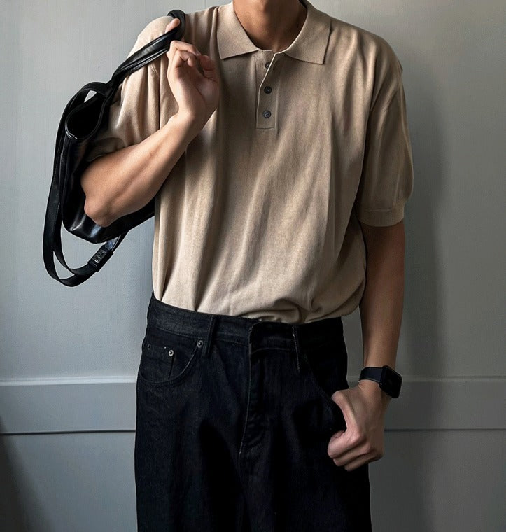 Three-Button Collar Short Sleeve Knit