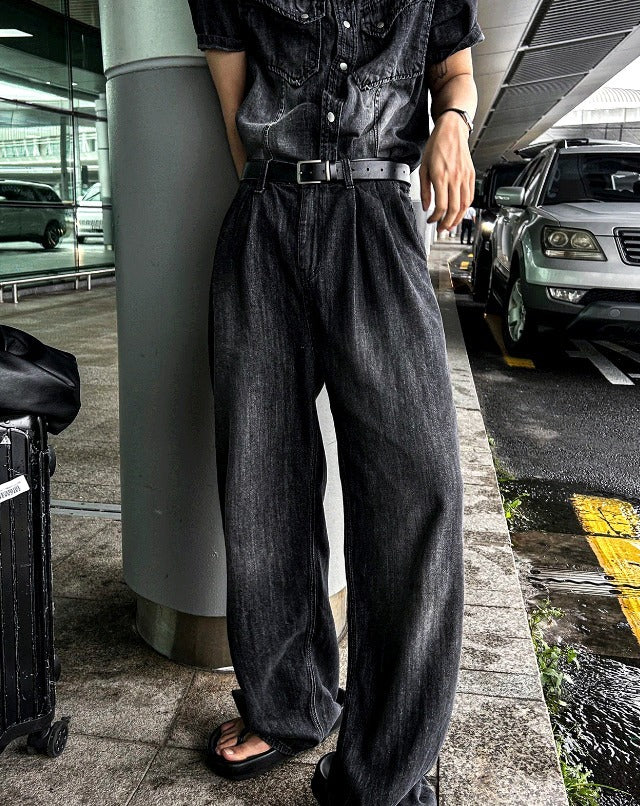 Cool Washing Pintuck Linen Denim Pants