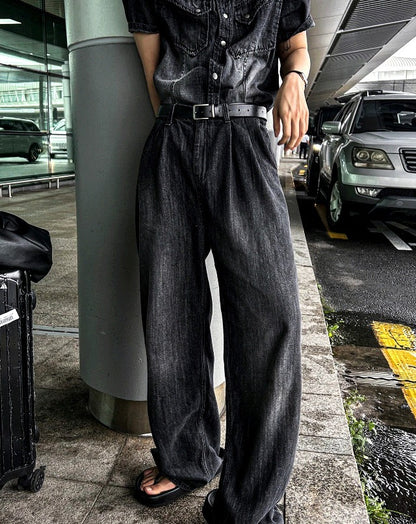 Cool Washing Pintuck Linen Denim Pants