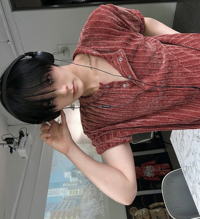 velour corduroy henly-neck short sleeve knit